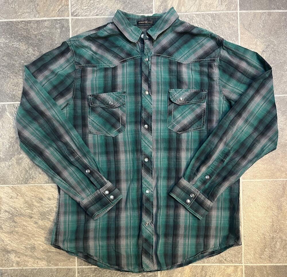 Helix Mens XL Plaid Snap Button Shirt Green Western Pearl Snap Long Sleeve